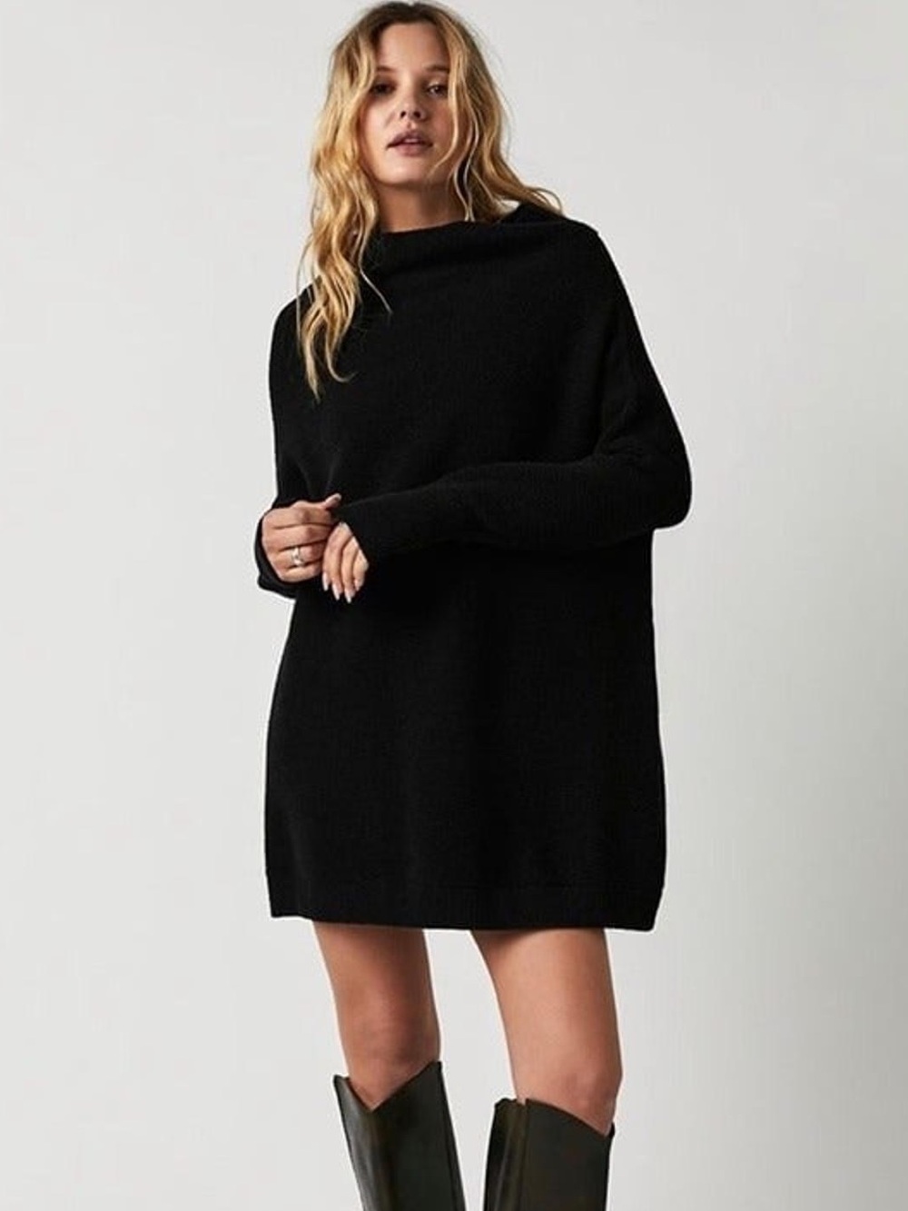 Free People Ottoman Slouchy Tunic Sweater Black Oversized Cowl Neck Size S EUC